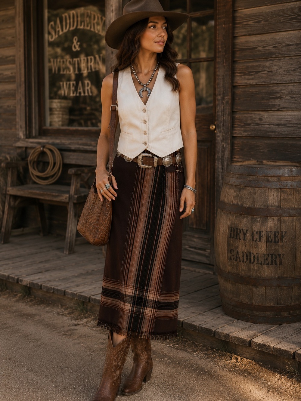 Sag Harbor Brown A-Line Fringe Skirt with Plaid Panel
